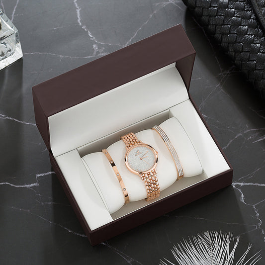 Women’s Luxury Watch & Bracelet Set – 3-Piece Gold Elegance